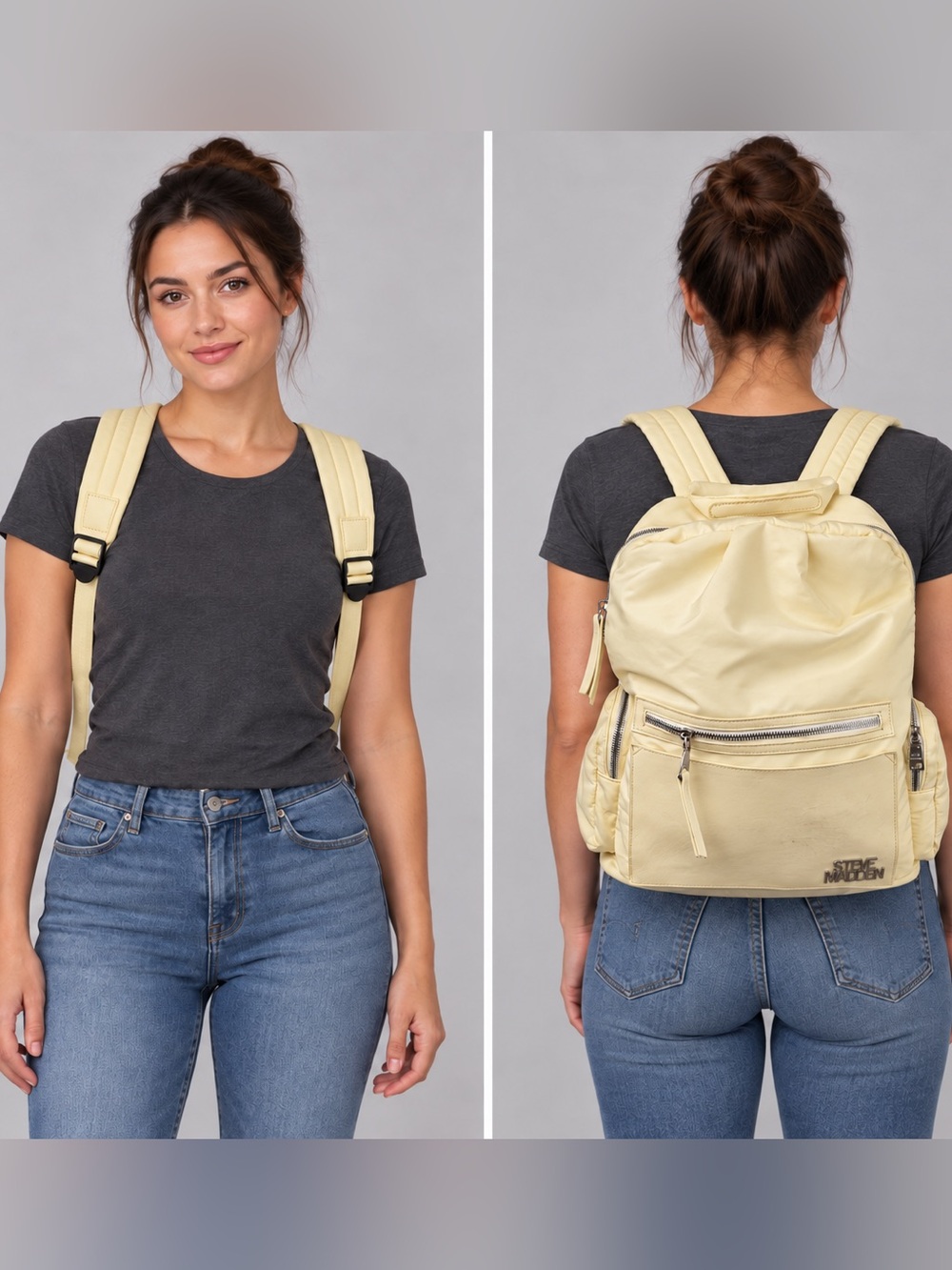 Steve Madden Cream Backpack Silver Hardware Multiple Zip Pockets